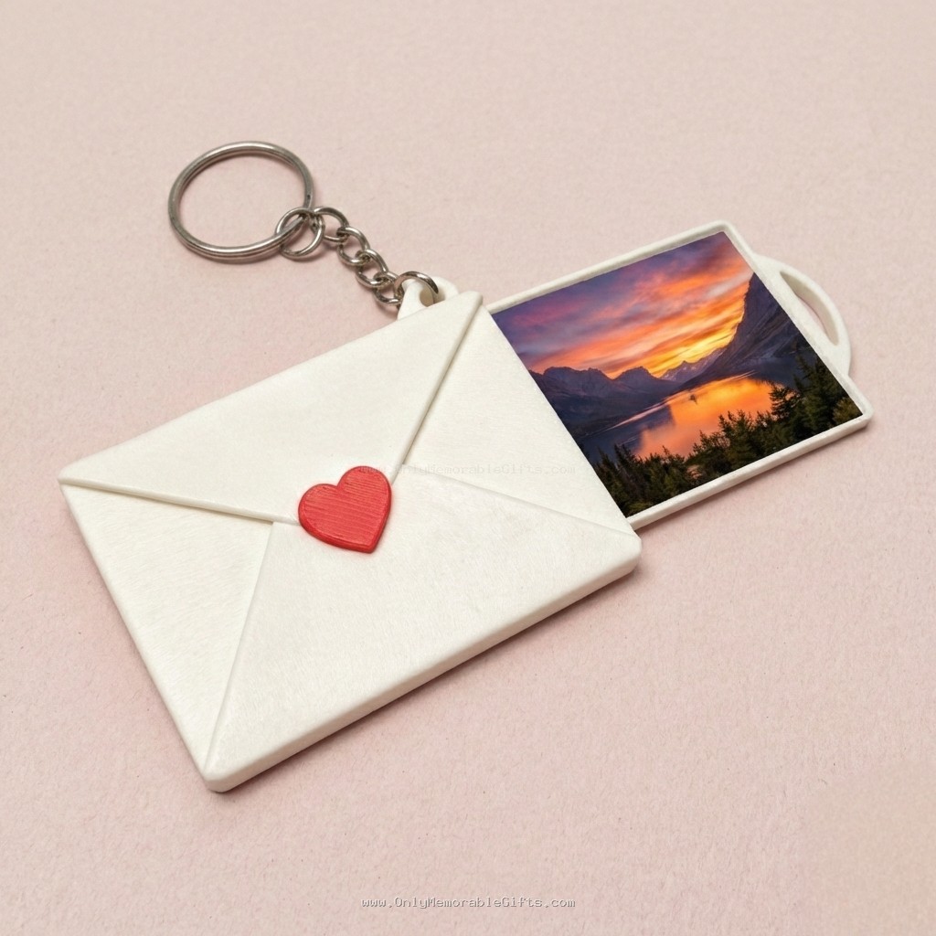 Custom photo keychain in envelope design with sliding personalized picture