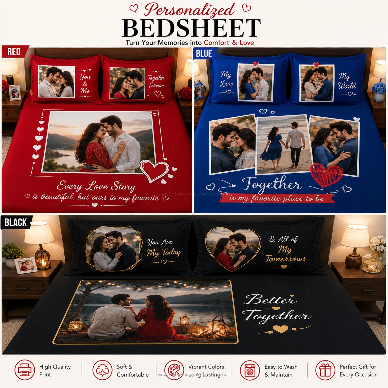 Personalized couple photo bedsheet set with custom printed pillow covers in red, blue, and black designs for romantic bedroom decor.
