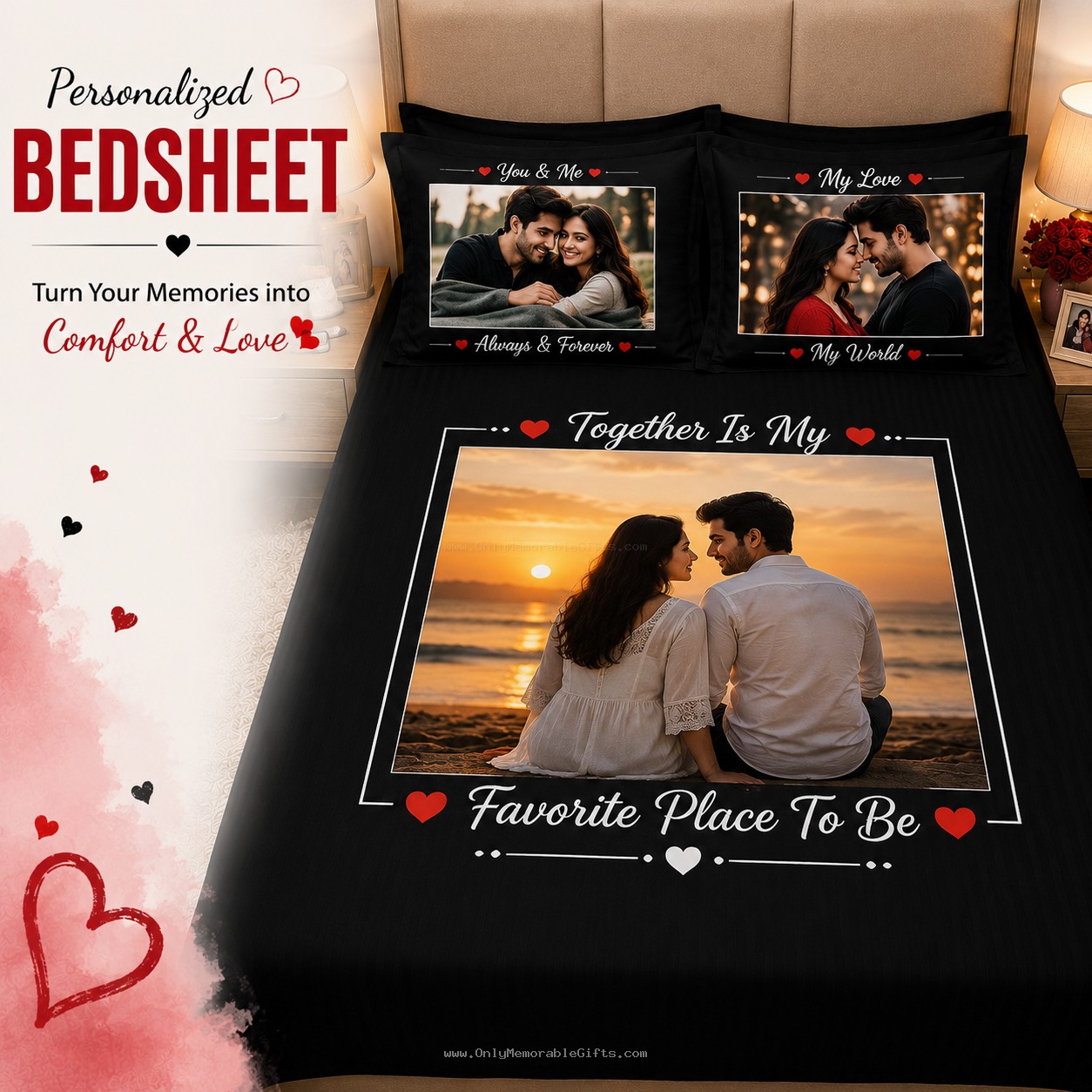 Personalized photo bedsheet set collage showcasing custom printed bedsheets and pillow covers in red, blue, and black color themes with romantic couple photos, ideal for anniversary, wedding, Valentine’s Day, and couple gifts.