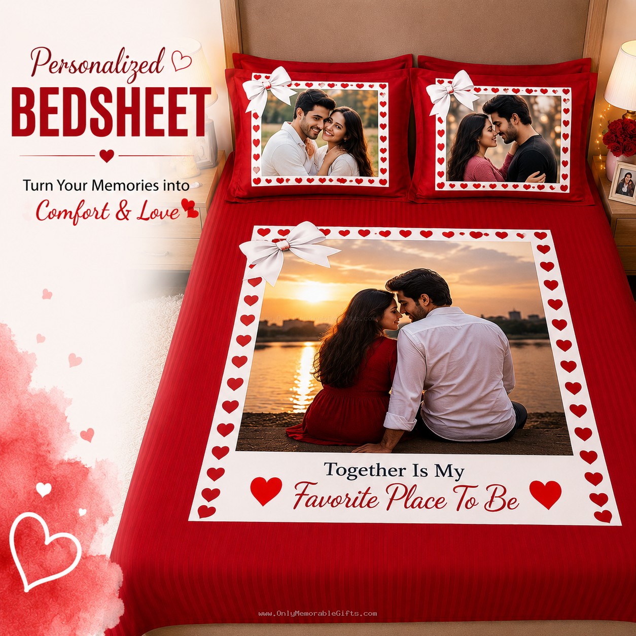 red Customized photo bedsheet collection with premium printed designs for Valentine’s Day, anniversary, and special occasion gifting.