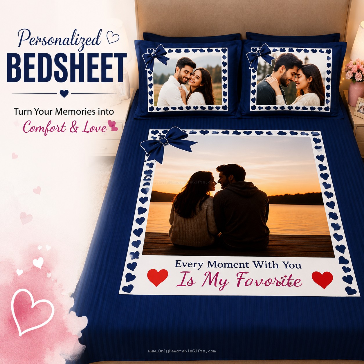 Romantic custom bedsheet gift for couples with personalized photos and matching pillow covers for bedroom decoration.