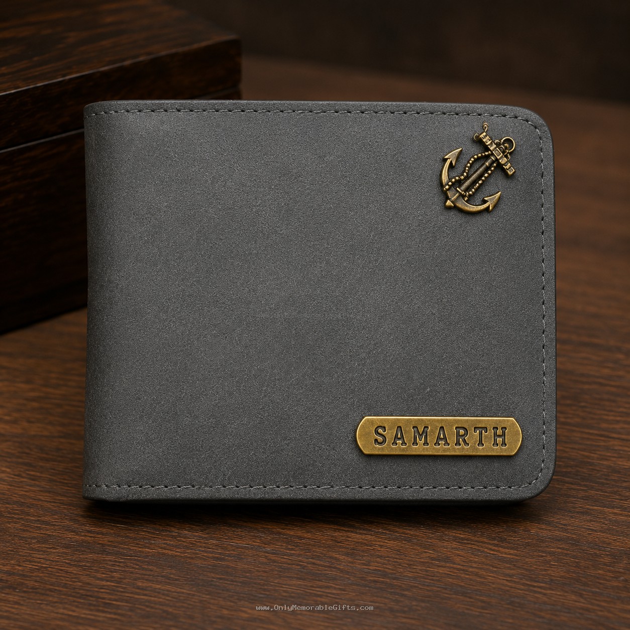 Personalized grey wallet for men with custom name engraving and premium finish.