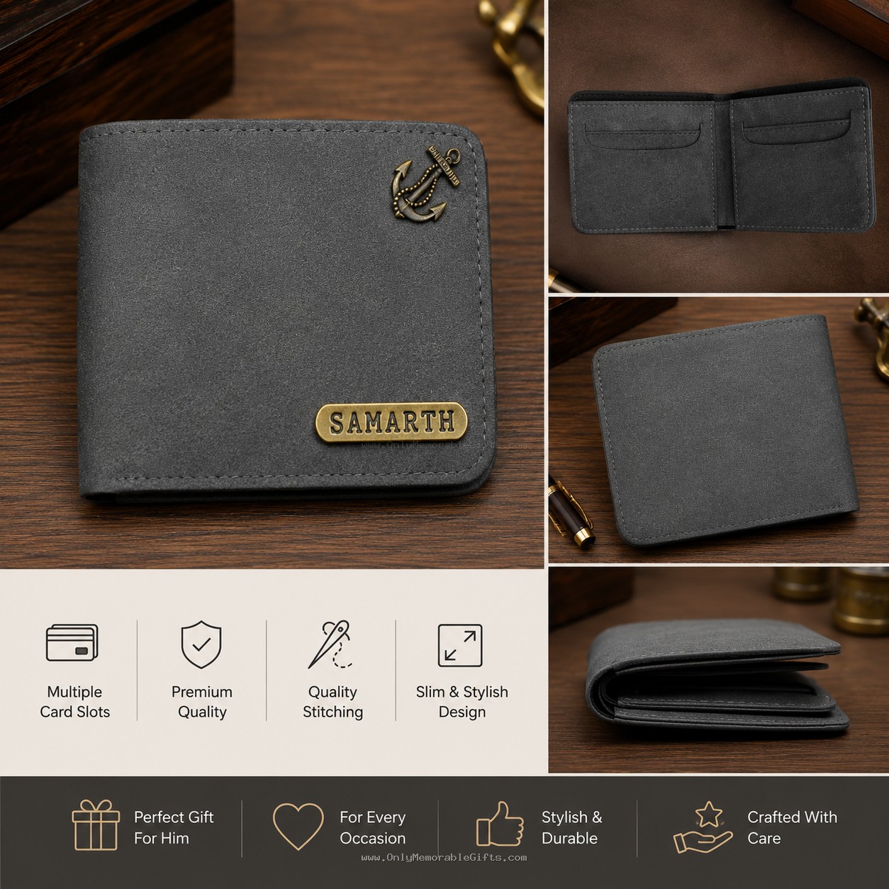 Stylish custom grey men’s wallet gift for husband, boyfriend, and father.