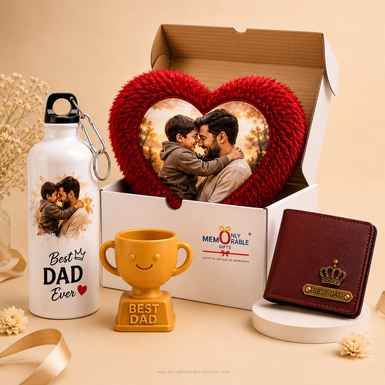 Personalized dad gift set with heart cushion and water bottle