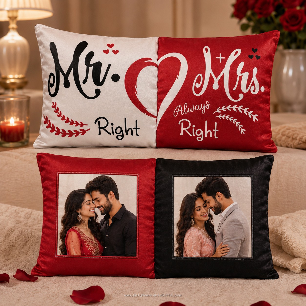 Romantic couple cushion featuring Mr Right and Mrs Always Right design