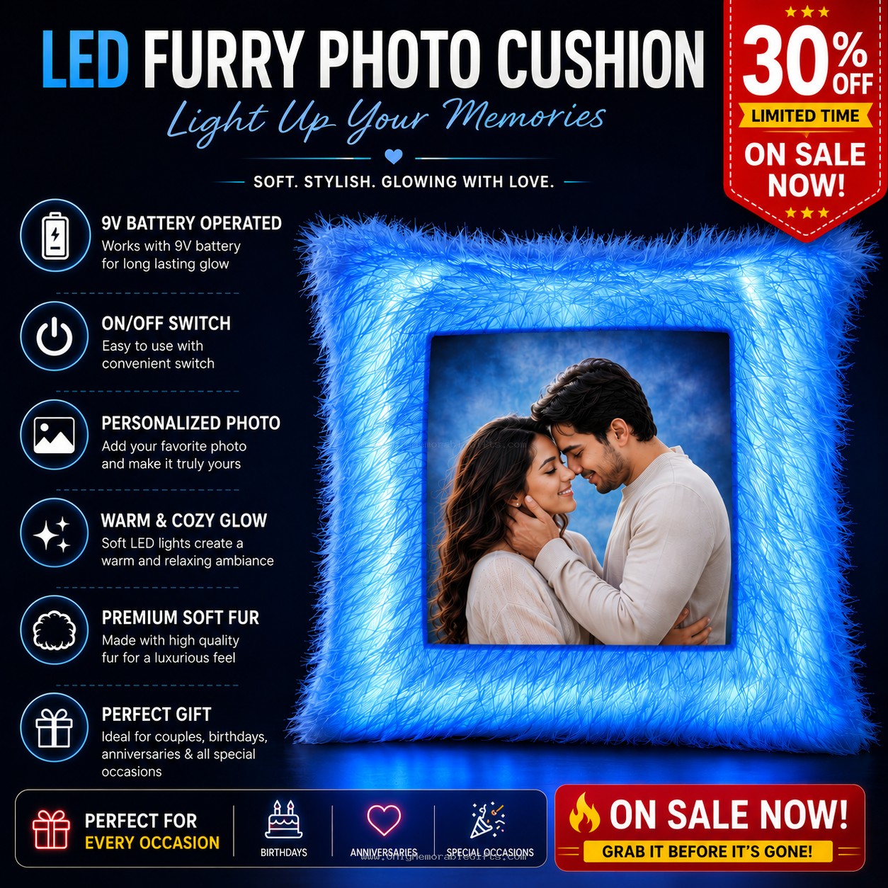 Personalized fur LED cushion with custom photo print