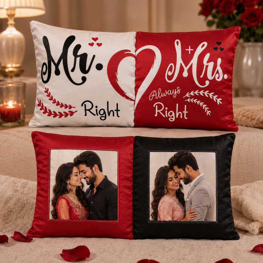 Personalized Mr & Mrs Right Cushion with Photos
