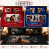 Personalized couple photo bedsheet set with custom printed pillow covers in red, blue, and black designs for romantic bedroom decor.