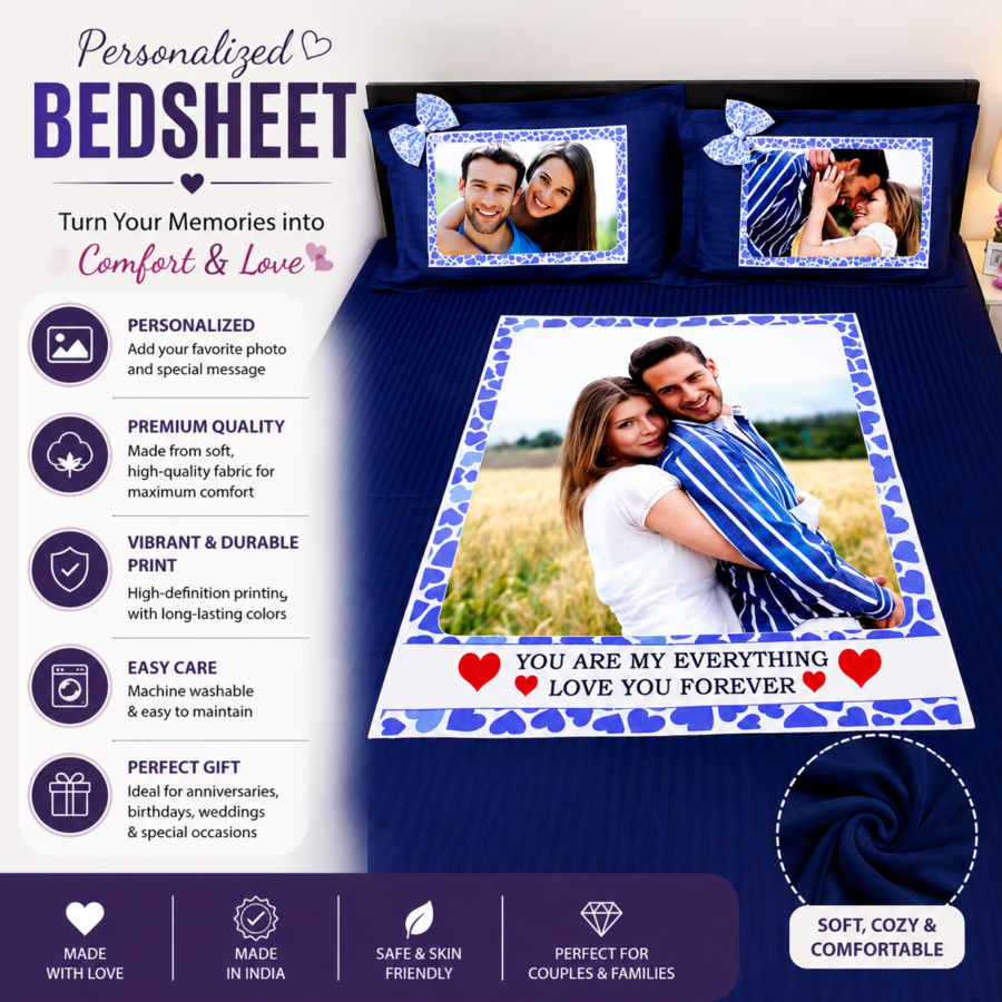 Personalized bedding set with printed memories on bedsheets and cushions in multiple color options including blue