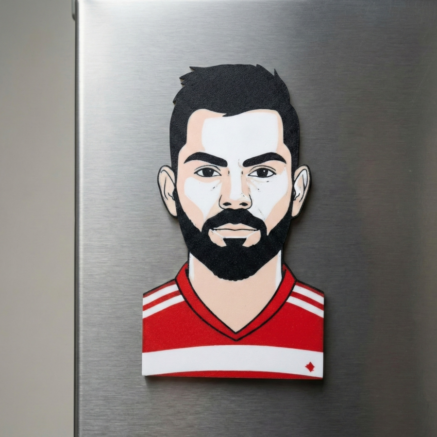 3D printed caricature magnet of cricketer Virat Kohli in red jersey