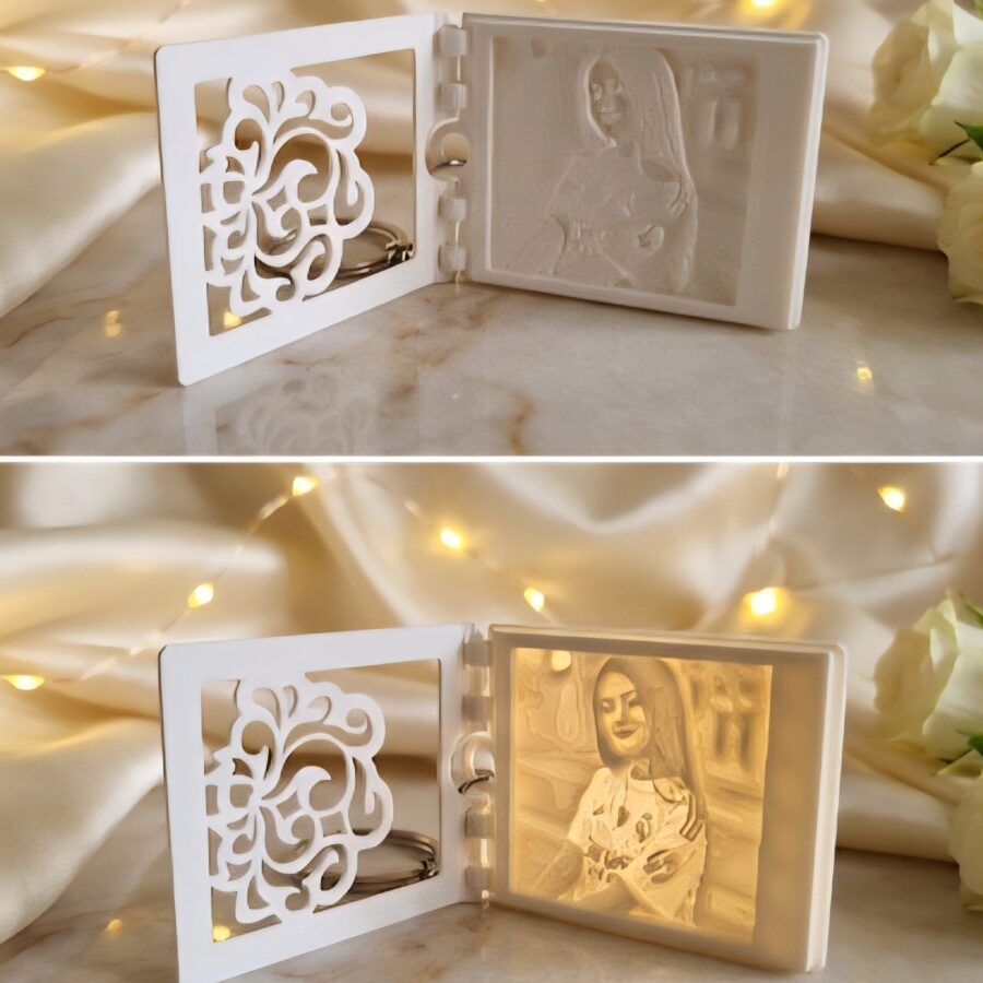 Custom 3D lithophane photo keychain with flip notebook design