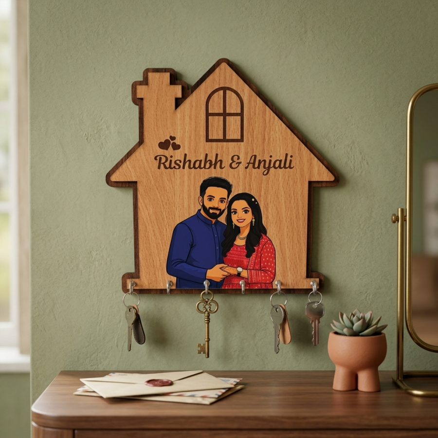 Personalized MDF wooden key holder with couple photo